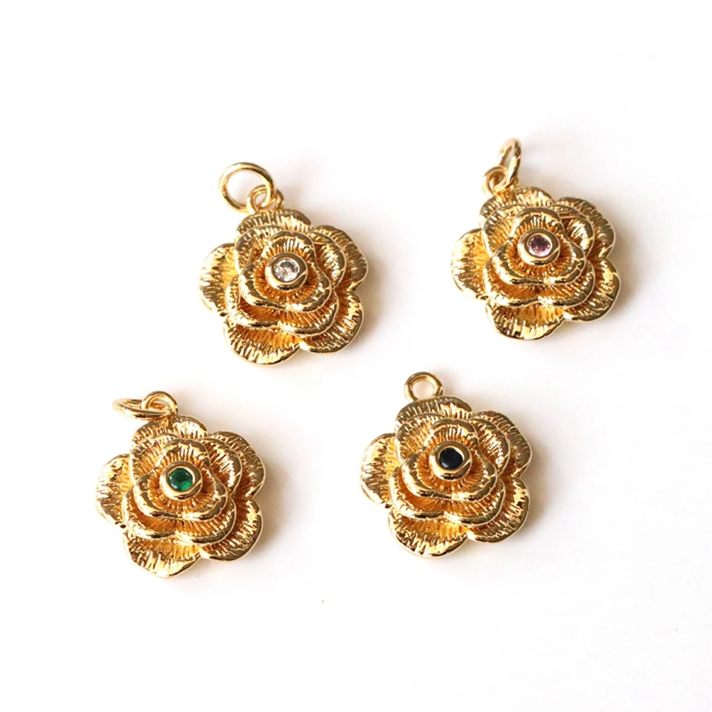 4Pcs/15mm18K Gold Plated Rose Flower Shape Charms Pendants，For Jewelry Making DIY Earring Bracelet Necklace Fittings Supplies