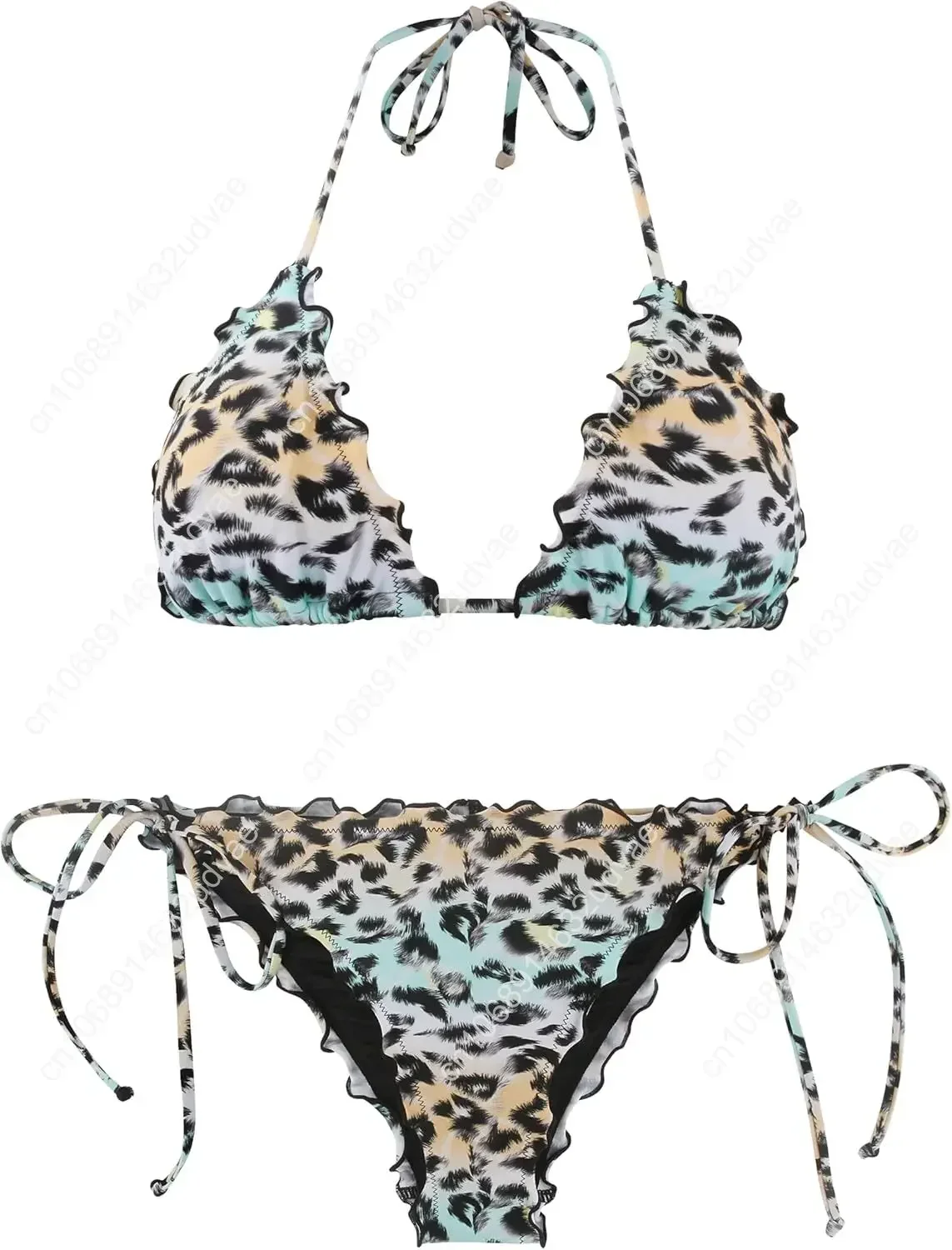 

Leopard Pattern Women's Wavy Bikini Set Women Tie Side Bottom Padded Top Triangle Bikini String Bathing Suit Two Piece Swimsuit