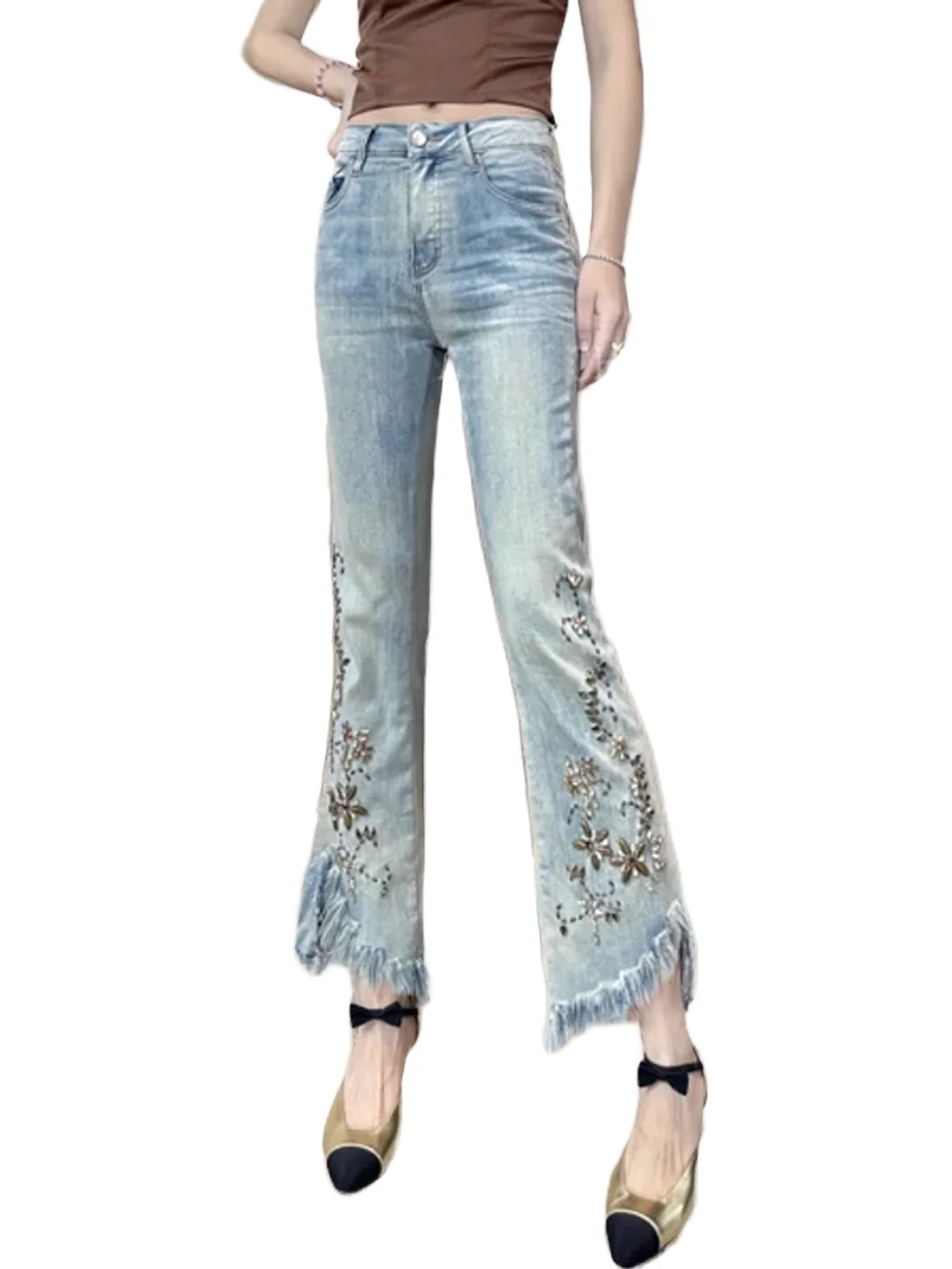 Jean cloche Bot brodé à ourlet ajouré, décontracté, taille haute, longueur à neuf Points, pantalon antibactérien à jambes larges pour jeunes femmes