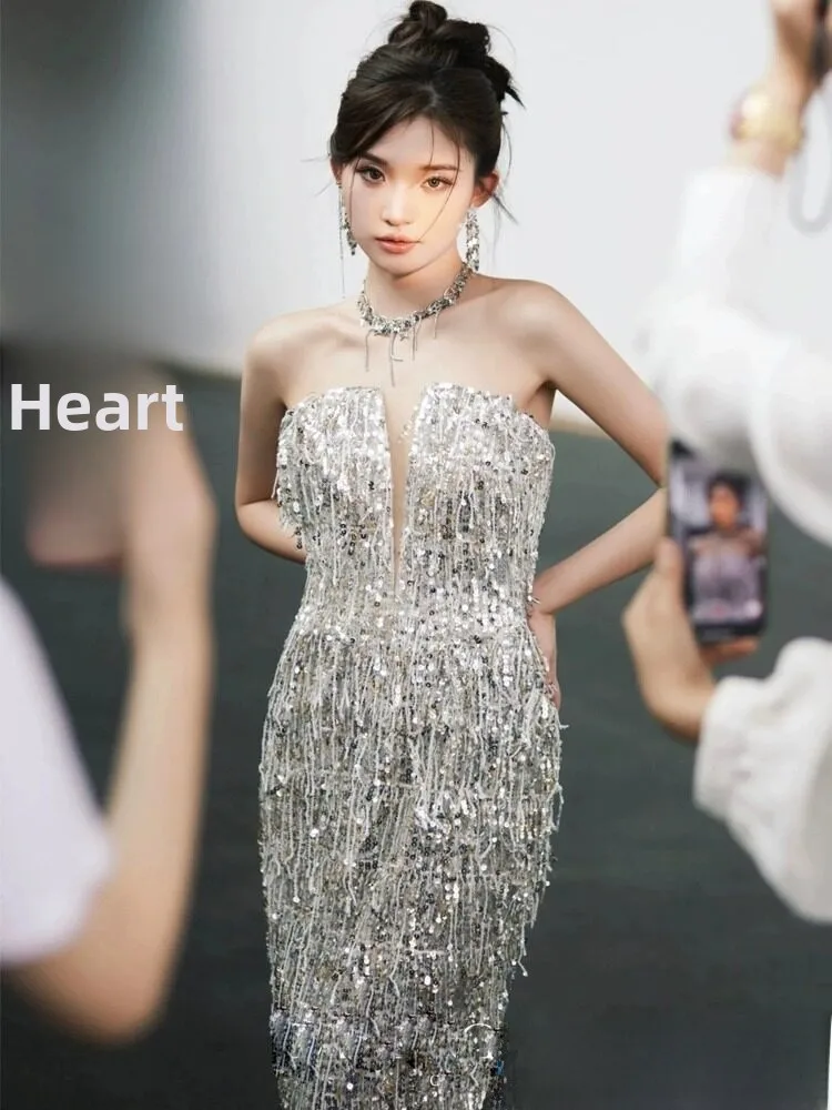 

Elegant Long Evening Gown Luxury Sequin Tassel Bridal Dress Women's Formal Wear Silver Sparkling Evening Dress for Women