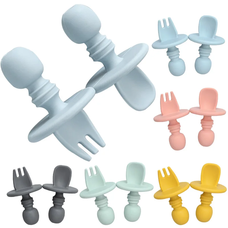 Food Grade Infant Mini Silicone Tableware Set Baby Soft Kitchen Accession Fork Spoon Kids Portable  Soild Color Teaspoon