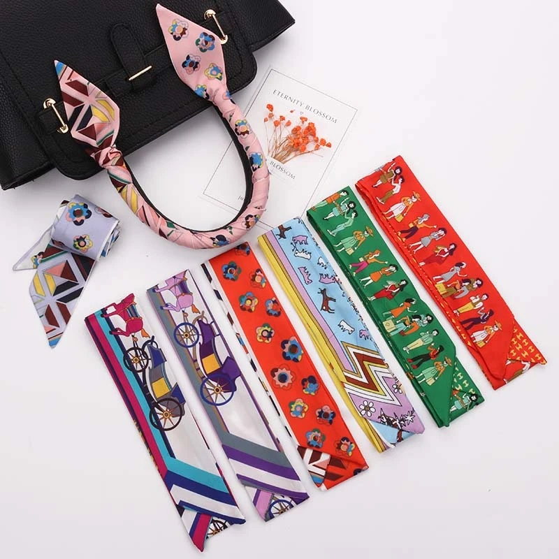 2023 Spring border New Geometric Diamond Small Flowers Women's Decorative Small Silk Scarf Bundle Bag Handle Ribbon Small Scarf