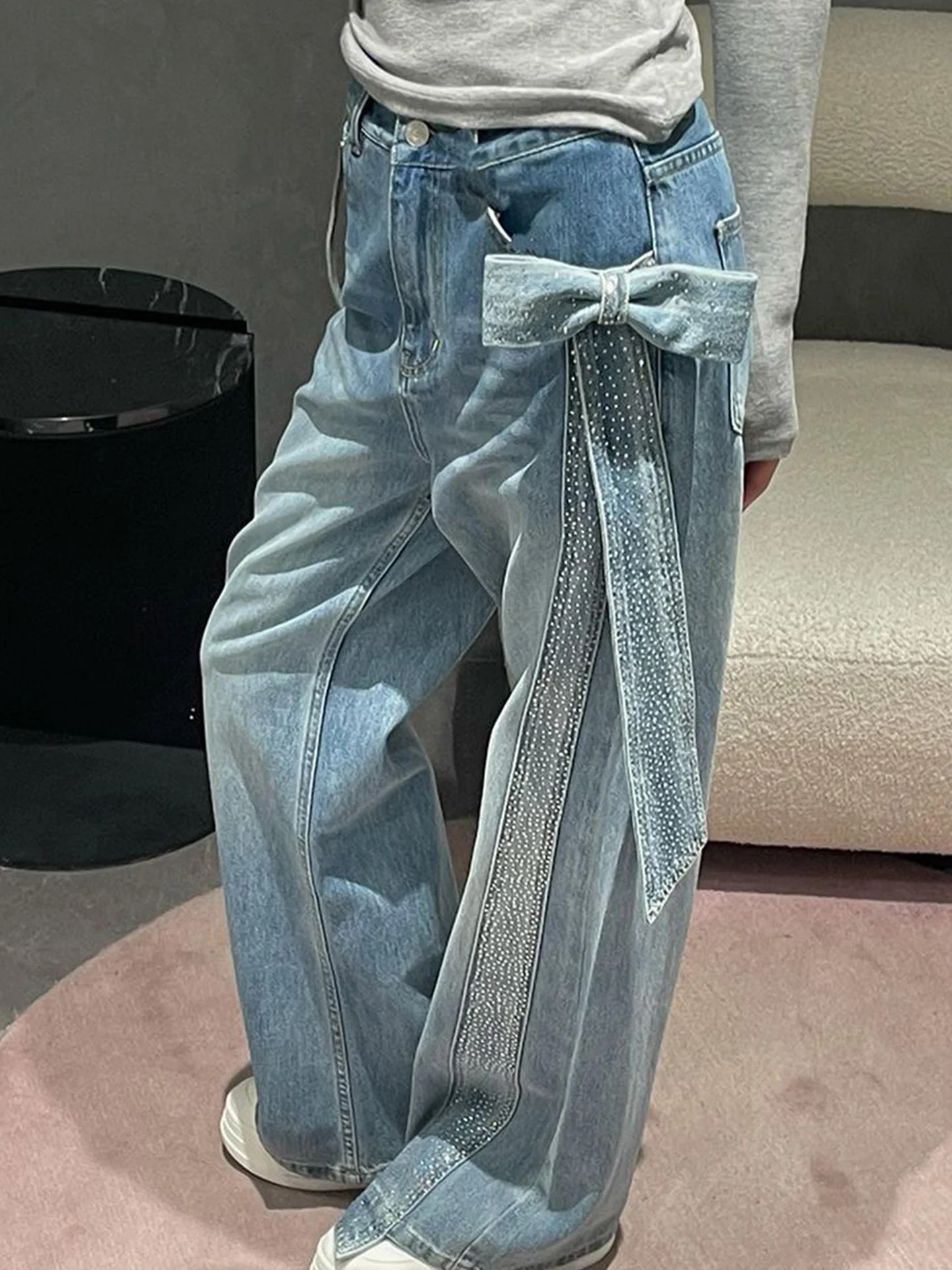 

Джинсы женские в американском стиле с узловой застежкой, широкие, в пол, модные, однотонные, весна-лето