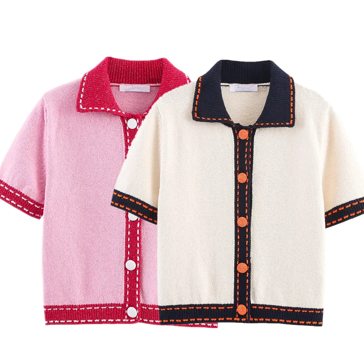 

Maxdutti French Contrast Stitch Knitted Cardigan Casual Sweater Top T-shirt For Women Minimalist Vintage Color-blocked Knitwear
