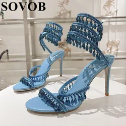 Summer Crystal Bead Slim Heel Sandals Women's Open Toe Hollow Out Gladiator Ankle Strap High Heels Sexy Party Dress Shoes 2024