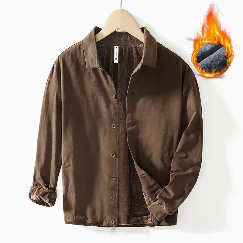 الشتاء قمصان رجالي اليومية عارضة الدافئة قمم الذكور التلبيب الأسود الصوف قميص بسيط Overshirt اليابانية خمر قميص رشاقته الملابس #1