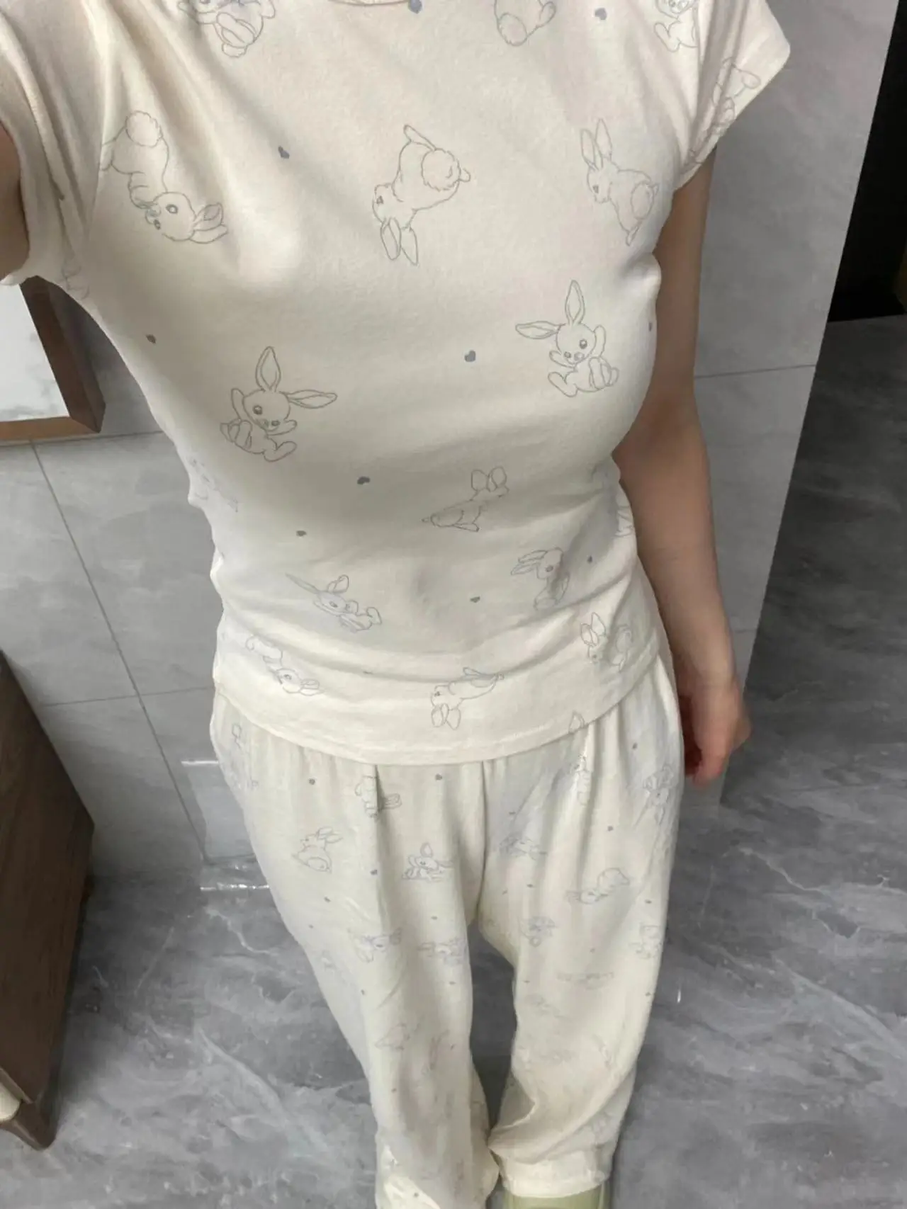 Rabbit Print T-shirt Eyelet Long Pant Sets Women Summer New Cotton Casual Pajama 2 Piece Set Sweet Vintage Home Pants Sets Y2k