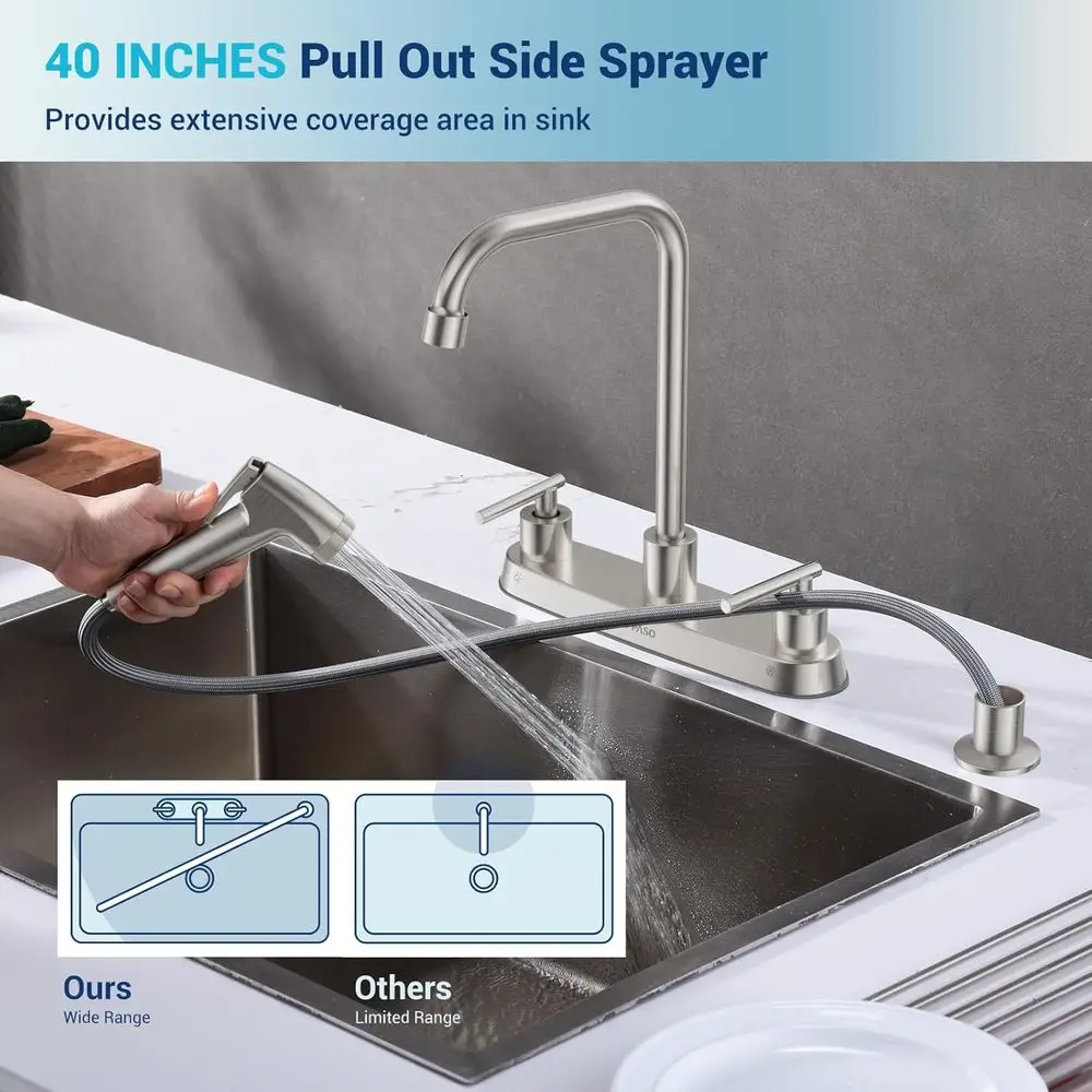 3-Hole Stainless Steel Kitchen Faucet with High Arc Sprayer in Brushed Nickel Finish