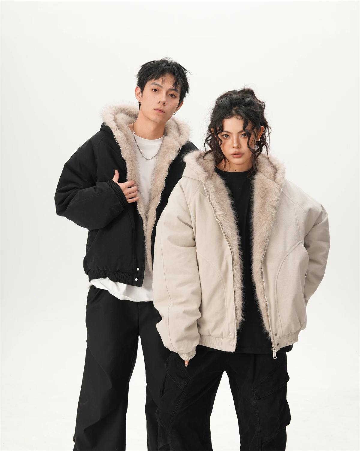 Winter American High Street Men's Fur Collar Black Hooded Cotton Jacket Couple Loose Fleece Thickened White Gray Short Parka