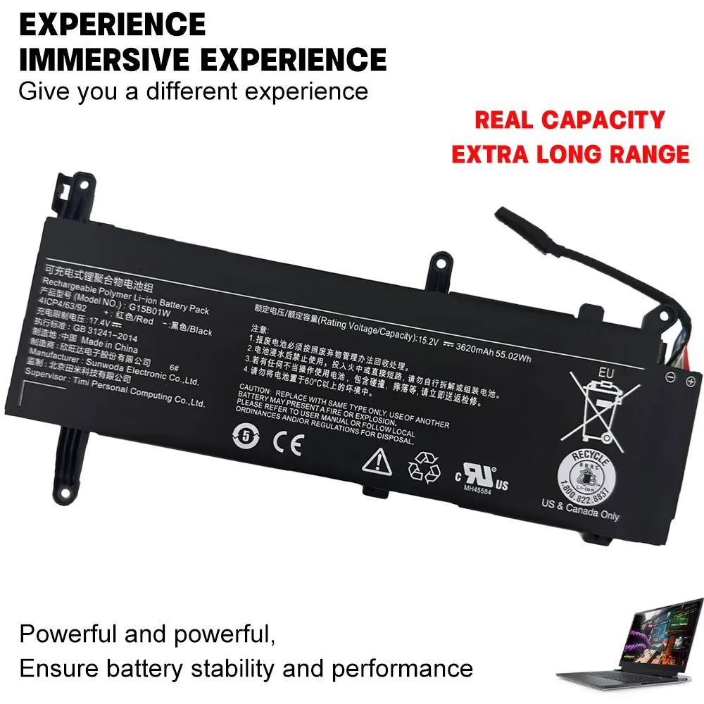 G15B01W 15.2V 55.02Wh 3620mAh Laptop Battery for Xiaomi Gaming 15.6 7300HQ GTX1050/1060 - 171502-A1/AM