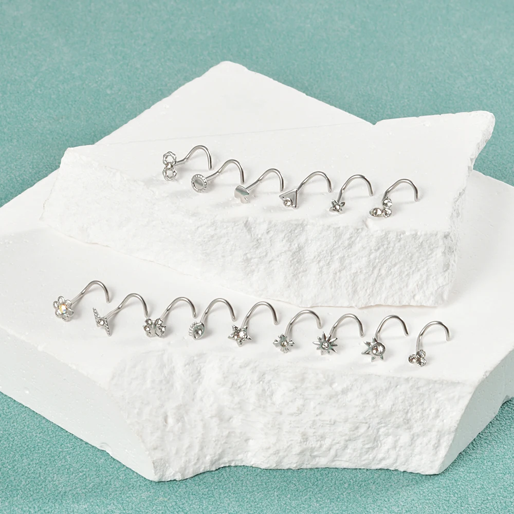 1PC Surgical Steel Twisted Nose Studs Hooks Crystal CZ Irregular Nose Bone Studs Screw Ring Nostril Body Piercing Jewelry 20G