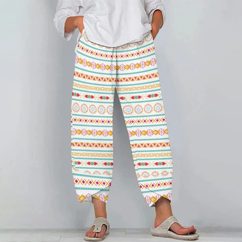 Colorful Geometric Pattern Women's Pants Vibrant Multi-Colored Pants with Geometric Designs Stylish Women’s Vacation Bottoms