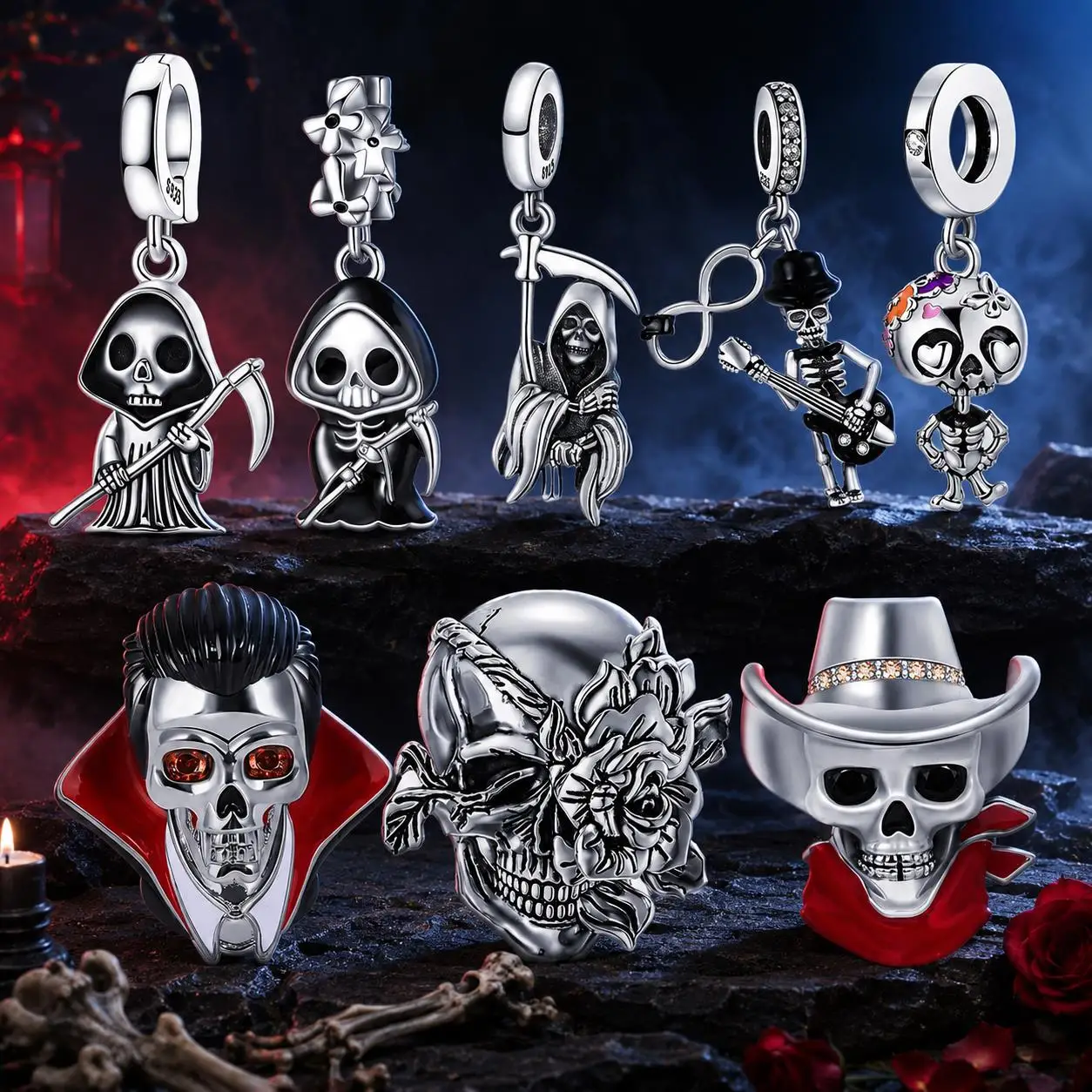 925 Sterling Silver Skeleton And Grim Reaper Charms Pendants For Necklace Original Bracelet DIY Birthday Women's Surprise Gifts