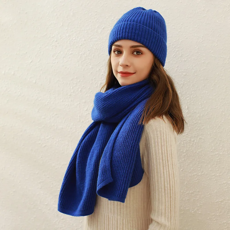 Pure Color Rib Knit Scarf & Hat Sets Female Imitation Cashmere Warm Long Muffler Winter Round Top Woolen Yarn Cap Scarves Women