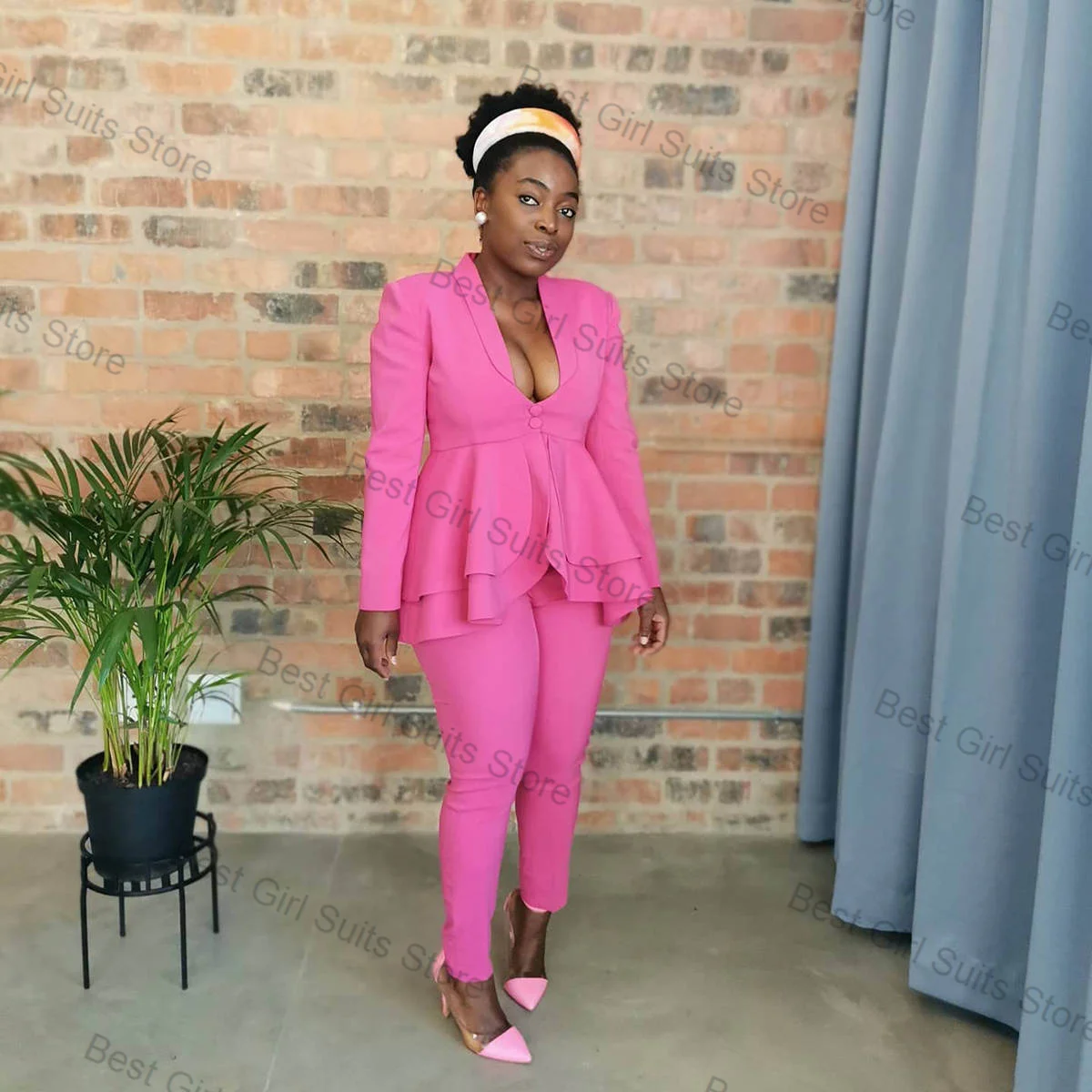 

Pink Women Suit Pants Set 2 Pcs Blazer+Trousers Ruffles Hem Formal Office Lady Jacket Customized Wedding Tuxedo Prom Party Coat