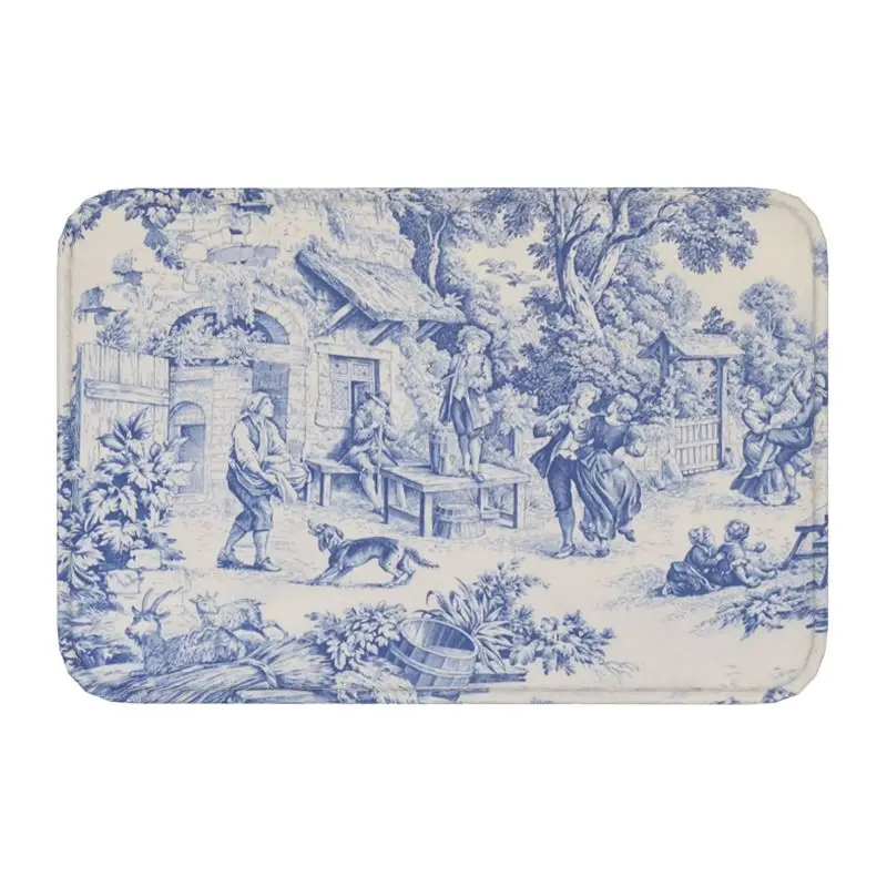 Navy Blue Pattern Toile De Jouy Door Mat Anti-Slip Kitchen Bathroom Garden Floor Entrance Rug Living Room