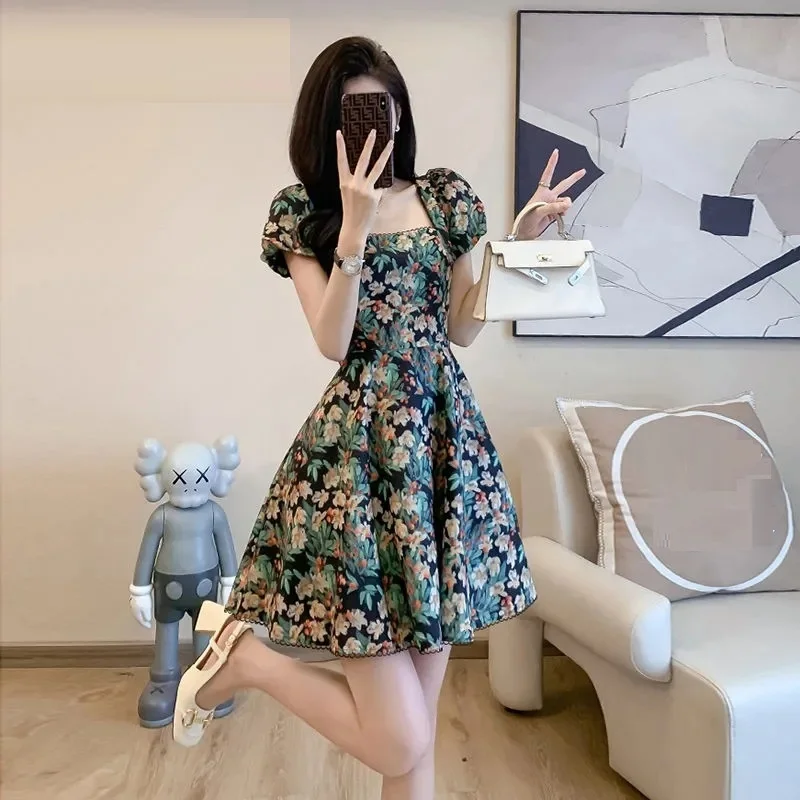 2024 New Summer Mini Dress Women High Waist Female Floral Dress Elegant Square Neck Fashion Clothing for Woman