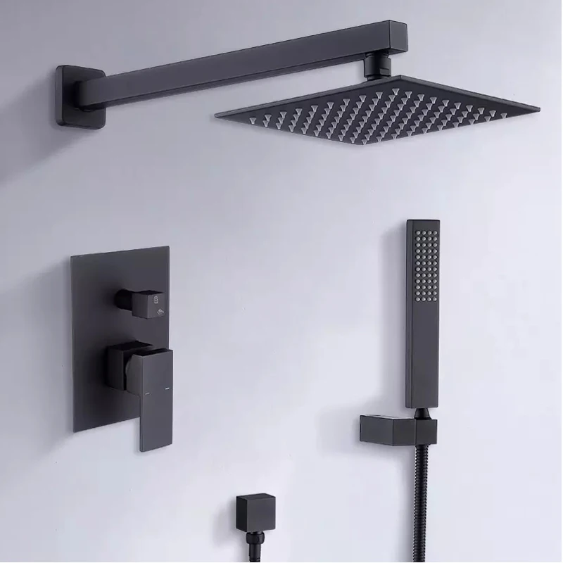 Wall Mount Rainfall Shower Mixer System Hotel Bathroom Matte Black Brass Concealed Bath & shower faucets Set