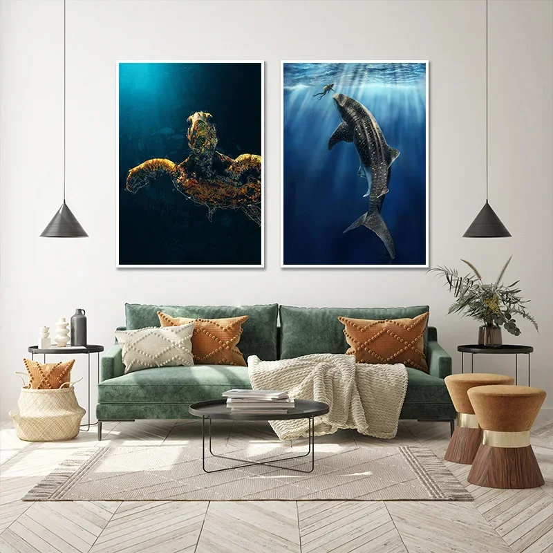Classical Vintage Giant Creatures In The Ocean Canvas Painting Wall Decor Manta Ray Turtle Whale Shark Art Poster Print Picture