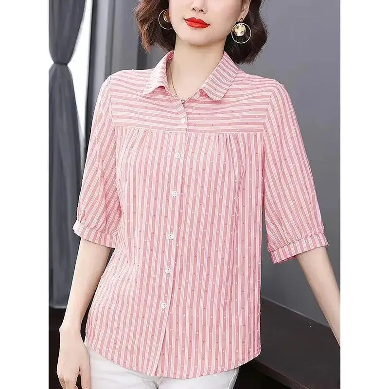 Women\'s Korean Fashion Striped Print Button Up Shirt Elegant Commute Half Sleeve Blouse Summer Casual Loose Tops Blusas De Mujer