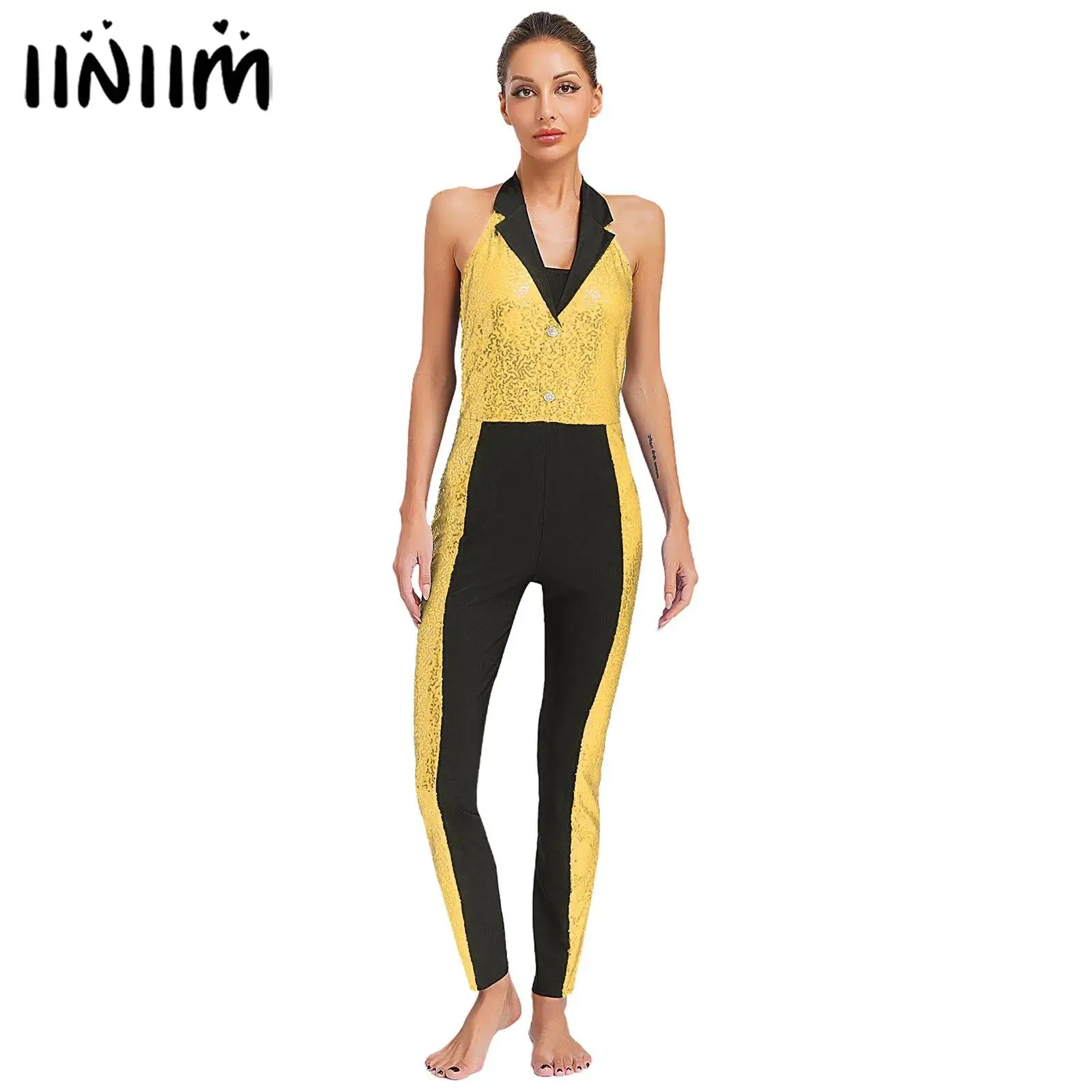 

Women Shiny Sequin Latin Jazz Dance Unitards Jumpsuit Halter Sleeveless Backless Gymnastics Bodysuit Leotard Performance Costume