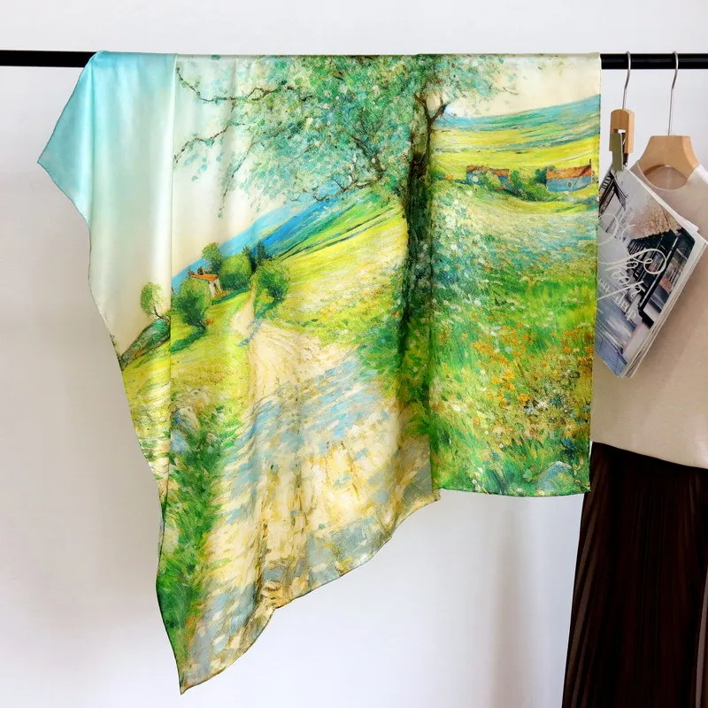 High-end Elegant Women Exquisite Green Country Road Printed Quality Plain Satin Silk Hand-rolled Edge Large Square Scarf Shawl