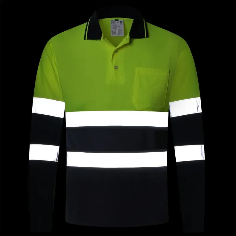 Two Tone Long Sleeve Safety Polo Shirt Orange High Visibility Reflective Shirt With Pockets Hi vis work shirt