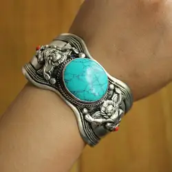 BR501 Handmade Jewelry Tibetan Silver Inlaid Natural Turquoises Stone Wide Open Cuff Bracelet