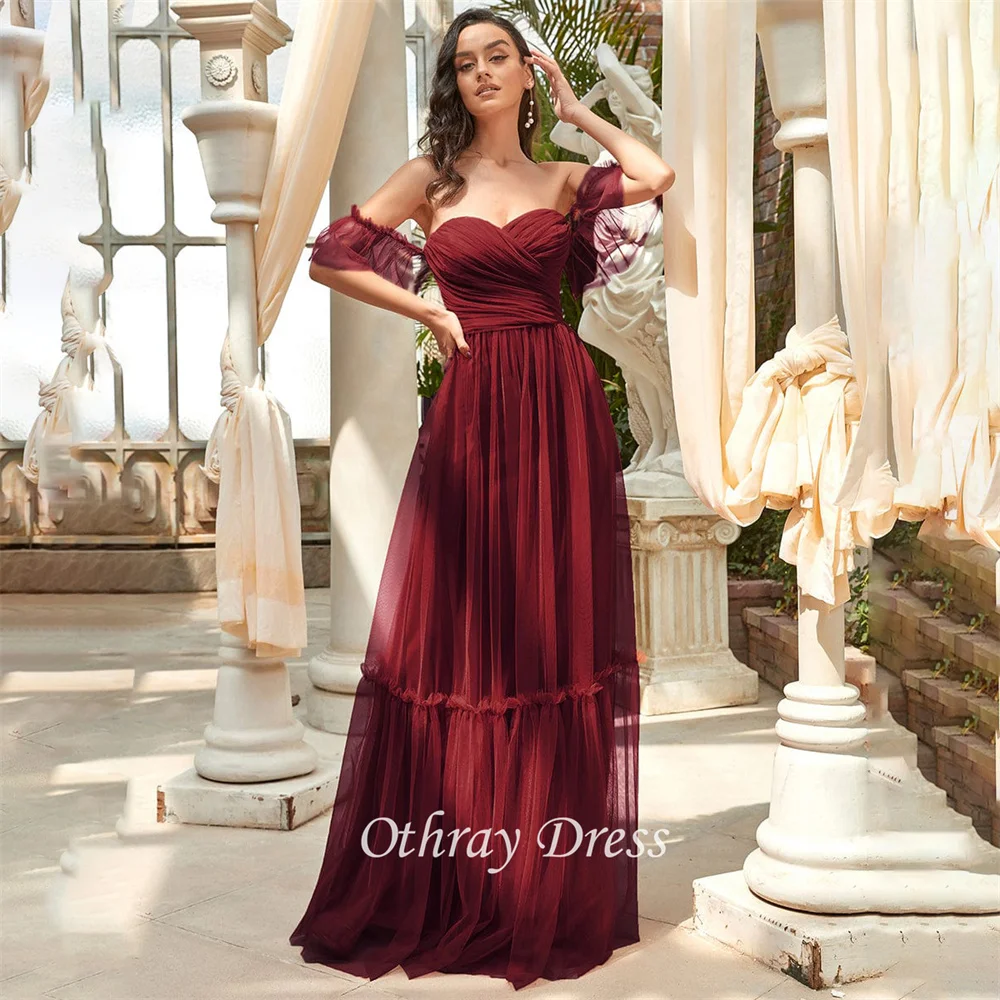 

Princess Off Shoulder A-line Prom Dress Sweetheart Neck Pleated Layer Evening Dress Simple Party Dresses Vestido De Noche