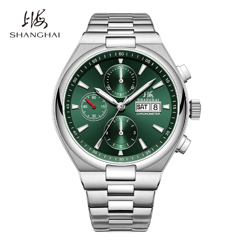 SHANGHAI Watch Men's Mechanical Wristwatch 42mm Automatic Chronograph Dual Calendar Luminous 50M Water Resistance Business S9004