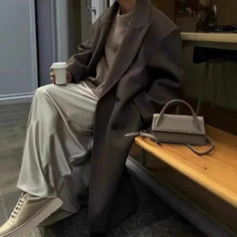 우아한 여가용 여성 롱코트 라펠 더블브레스트 브라운 오버코트 2025 가을 겨울 여성 출퇴근 외투