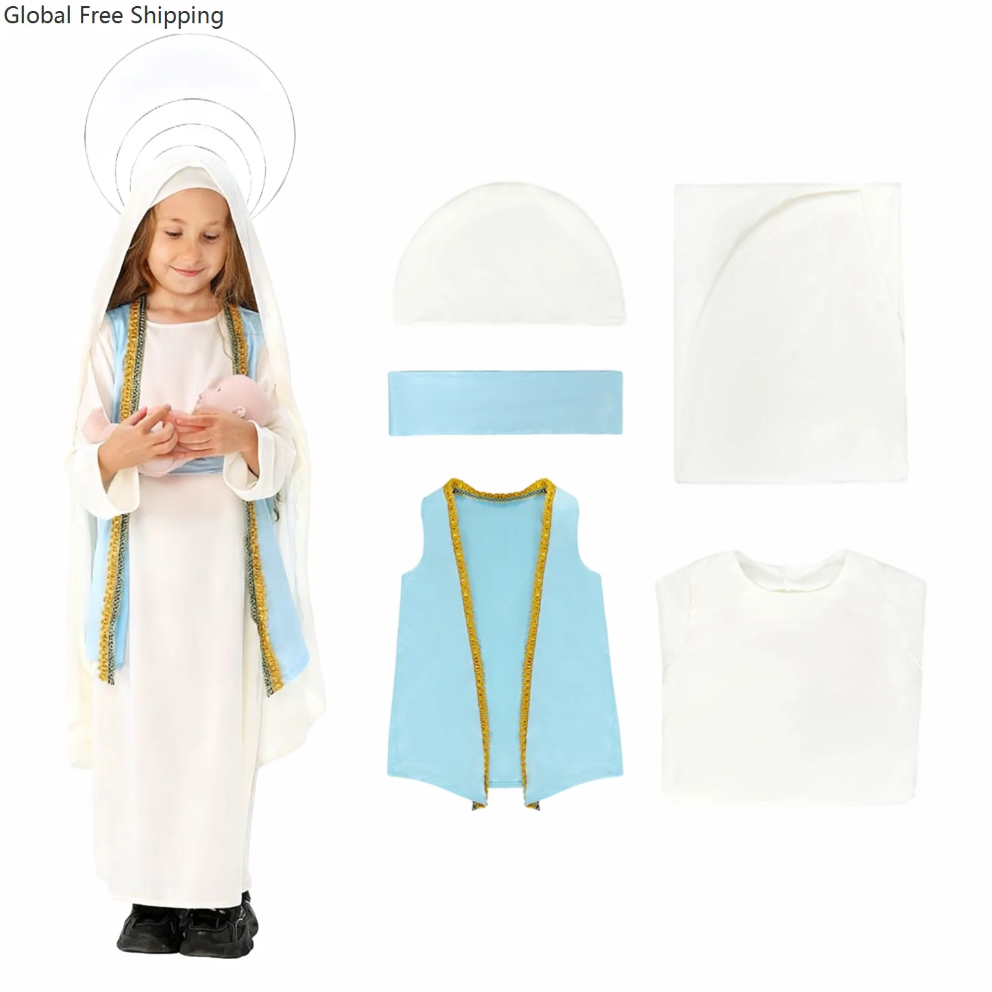 

Medieval Children Virgin Mary Cosplay Christian Headscarf Robe Set Girl Festival Party Cleopatra Costume Stage Performance Suit