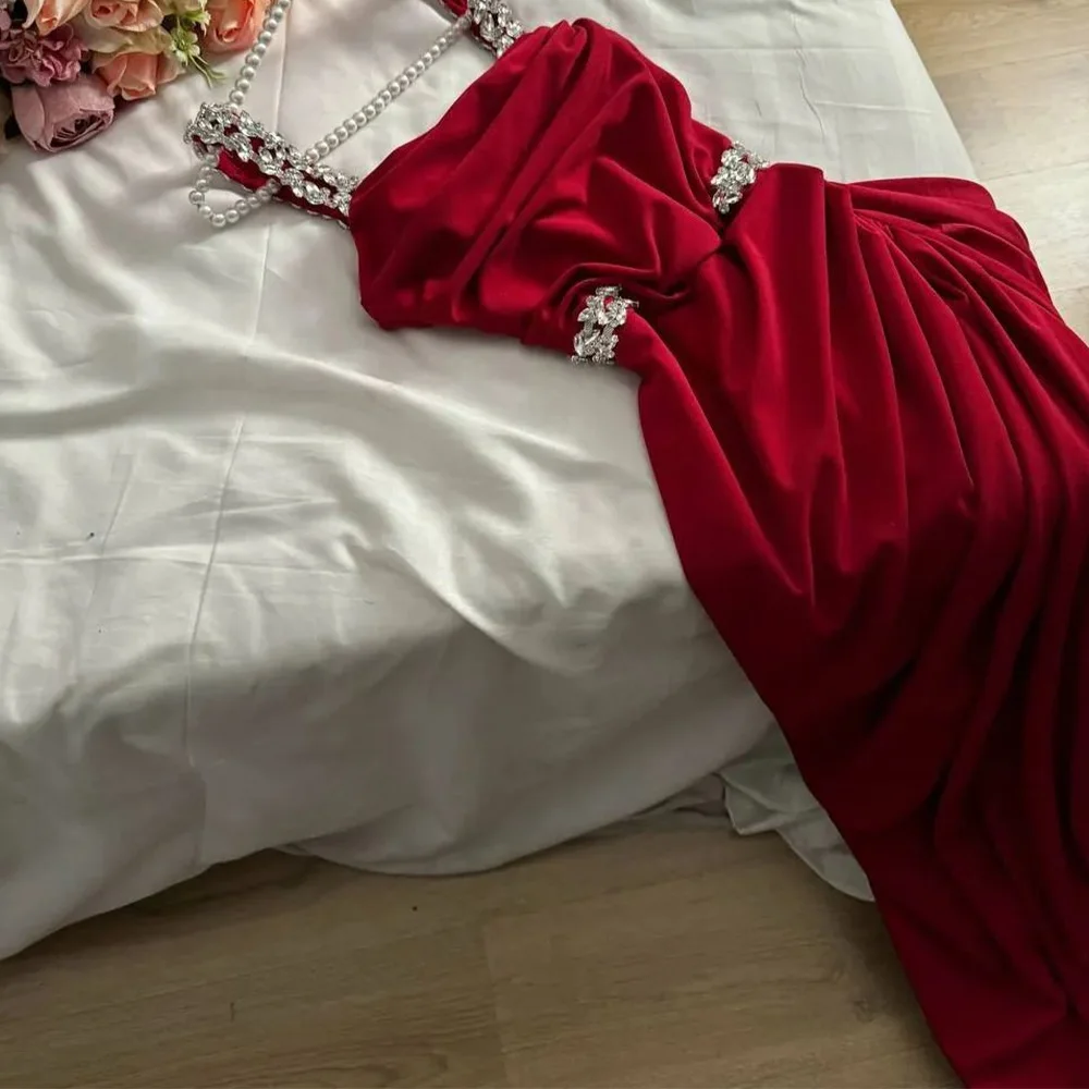 

High Quality and Exquisite A-Line Sleeveless Evening Dress Floor Length Spaghetti Straps Jersey Crystal Celebrity Gowns