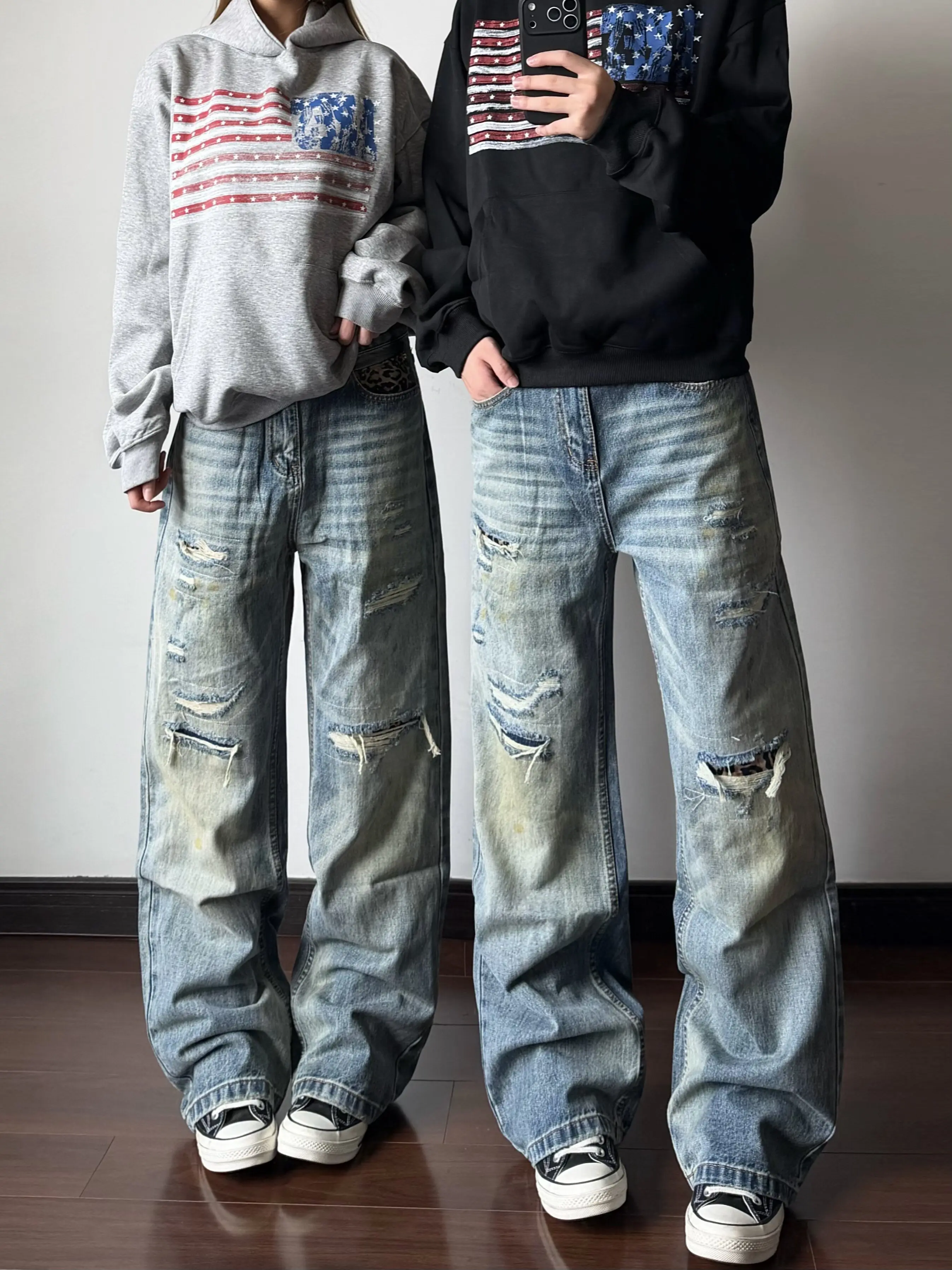 Retro American Street Leopard Patchwork Hole Denim Jeans Loose Straight Leg Washed Casual Long Trousers for Men Trendy