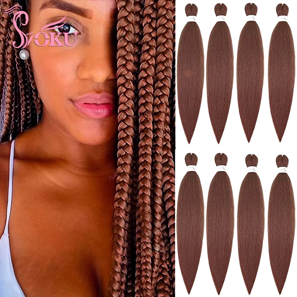 SOKU Yaki Straight Synthetic Braiding Hair Pre Stretched 8 Bundles 24 Inch Honey Brown EZ Braids Crochet Hair Women Extensions