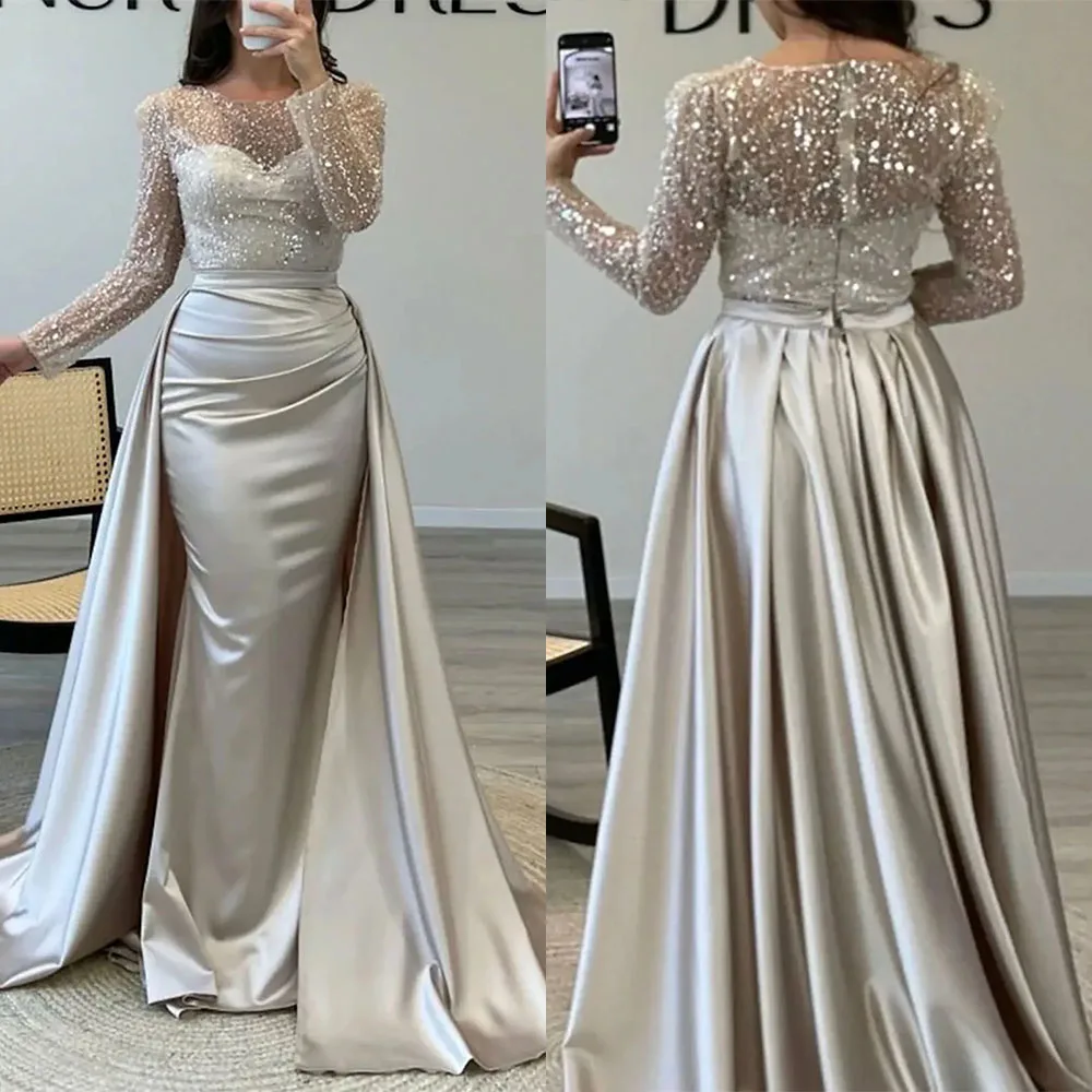 

High Quality Customized Full Sleeves Floor Length Court Train Sequins Sweetheart Elegant Dress Women for Wedding Party Evening