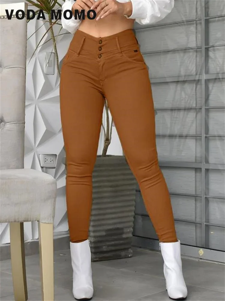 

Новые женские брюки с высокой талией, облегающие брюки, весна-лето, женские узкие брюки с карманами, модные универсальные повседневные базовые однотонные пуговицы