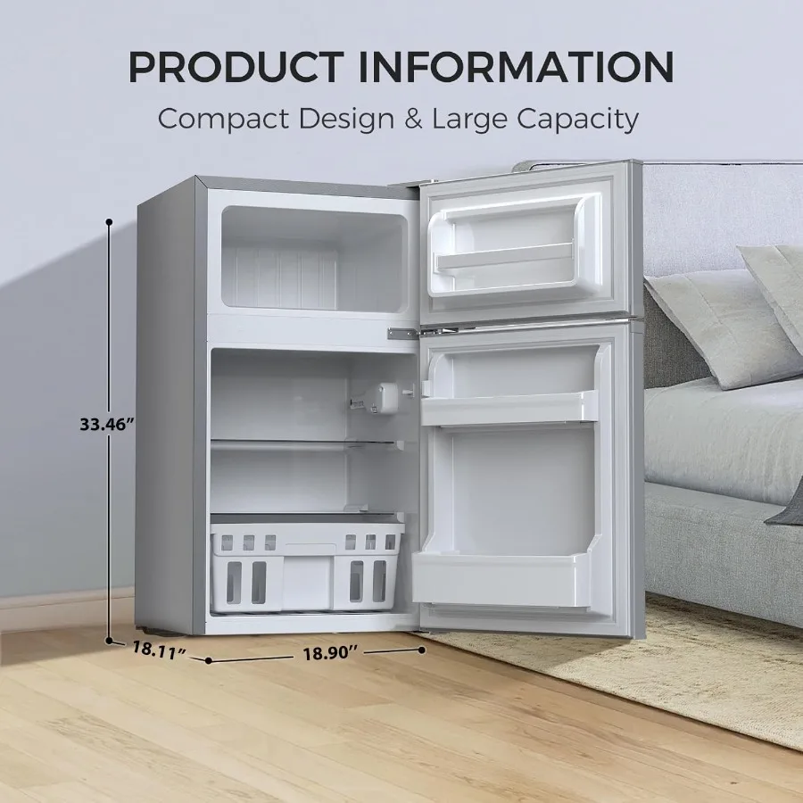 ثلاجة صغيرة مدمجة مع فريزر 3.2 قدم مكعب، تصميم باب مزدوج، تحكم في درجة الحرارة قابل للتعديل، تبريد بالحجم الكامل للمطبخ المنزلي