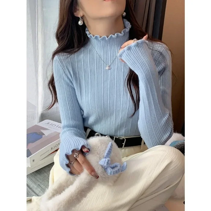 

autumn Knitted Turtleneck Long Sleeve Slim Jumper Tops Women Sweater Casual Shirts Soft Pullover solid ruffles Ladies Sweaters
