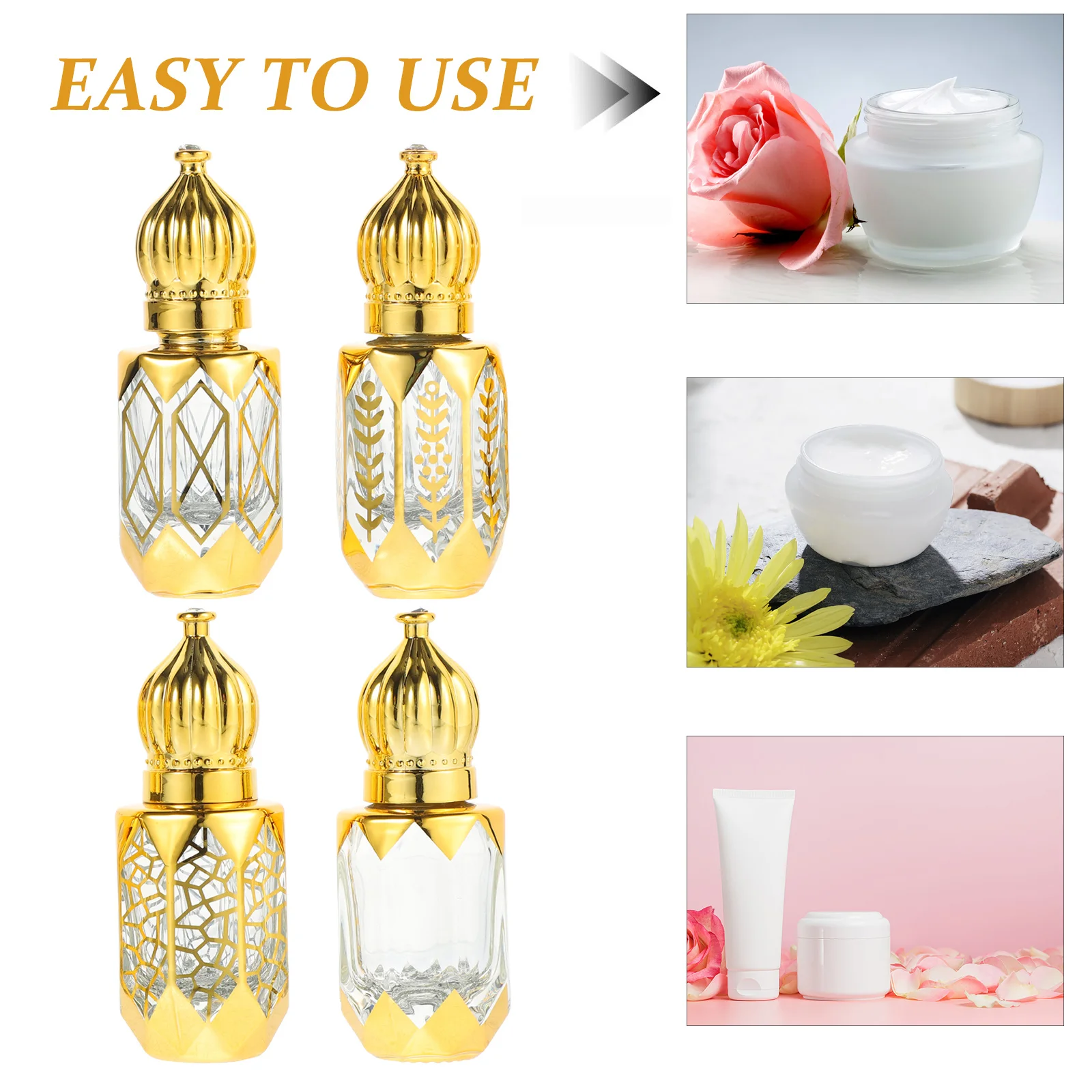 

4Pcs Essential Oil Roller Bottles Glass Leak Proof Travel Mini Roll on Perfume Bottles Empty Golden Wedding Anniversary Gifts