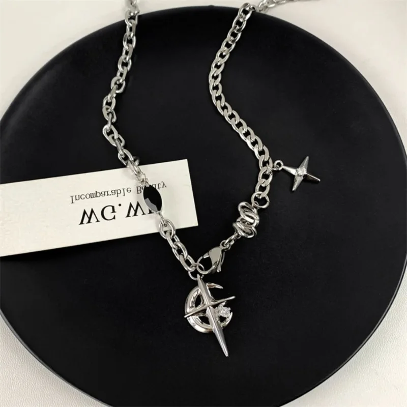 JWER New Y2K Cuban Figaro Chain Star Moon Pendant Necklace Men 