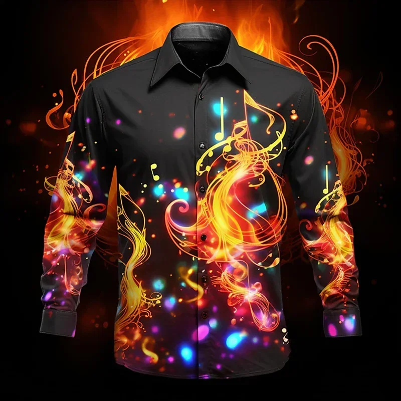 2024 New Spring/Summer Autumn Fashion 3D Digital Printing Retro Pattern Button Shirt Men's Casual Long Sleeve Shirt Collar Top S