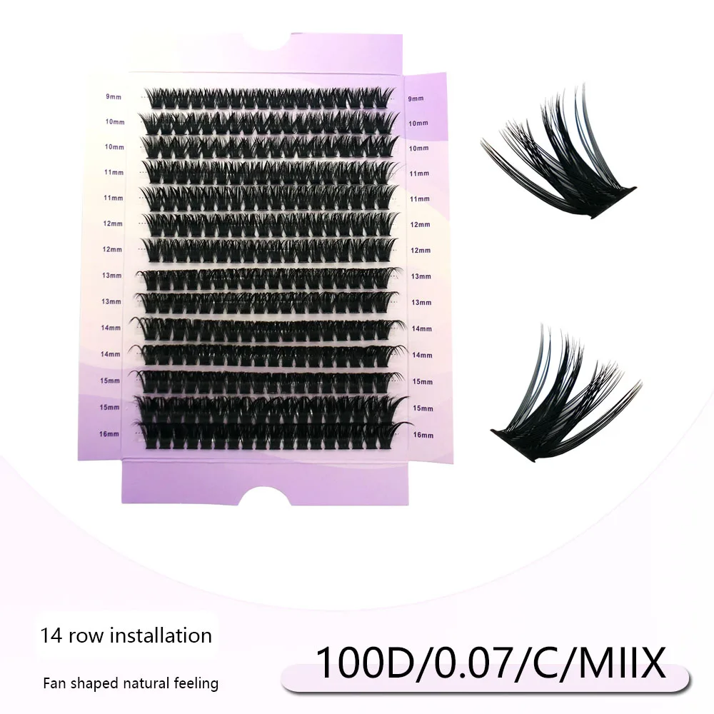 100D schwarze, weiche, natürliche Verlängerung, dicke Wimpern, 252 Cluster, 9–16 mm großes Fassungsvermögen, Make-up-Werkzeug, falsche Wimpern