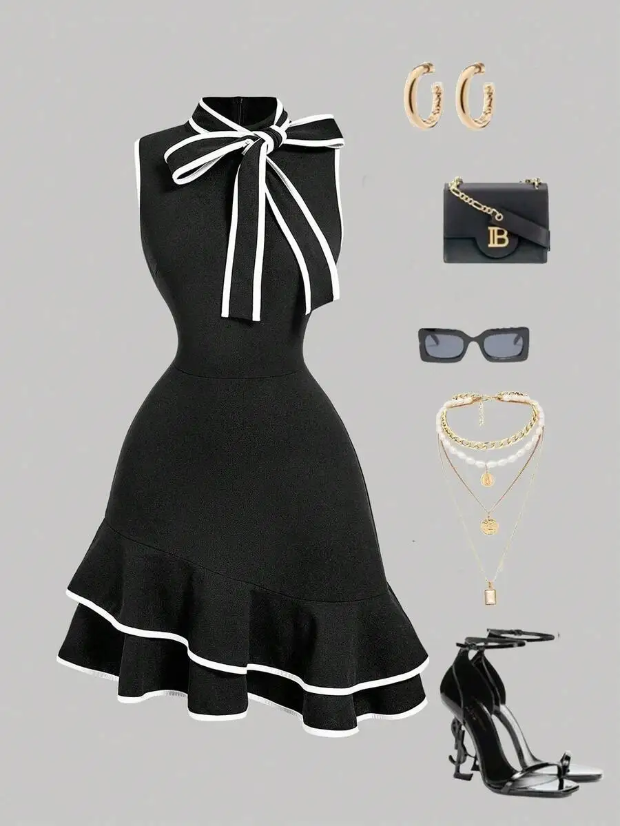 

Black Sleeveless Fit-and-Flare Dress with Ribbon Necktie and Ruffled Hem