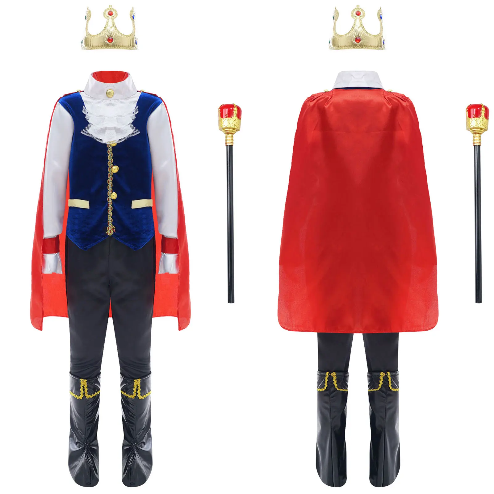 Kids Boys Halloween King Prince Cosplay Costume Vintage Medieval Cloak Crown Scepter Set Carnival Theme Party Roleplay Outfits