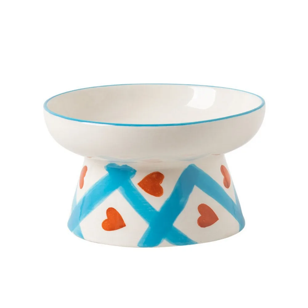 Ceramic Cat Bowl Handmade Cervical Spine Protection Cat Elevated Bowl Anti Tipping Flat/Slanted Mouth Pet Drinking Feeder