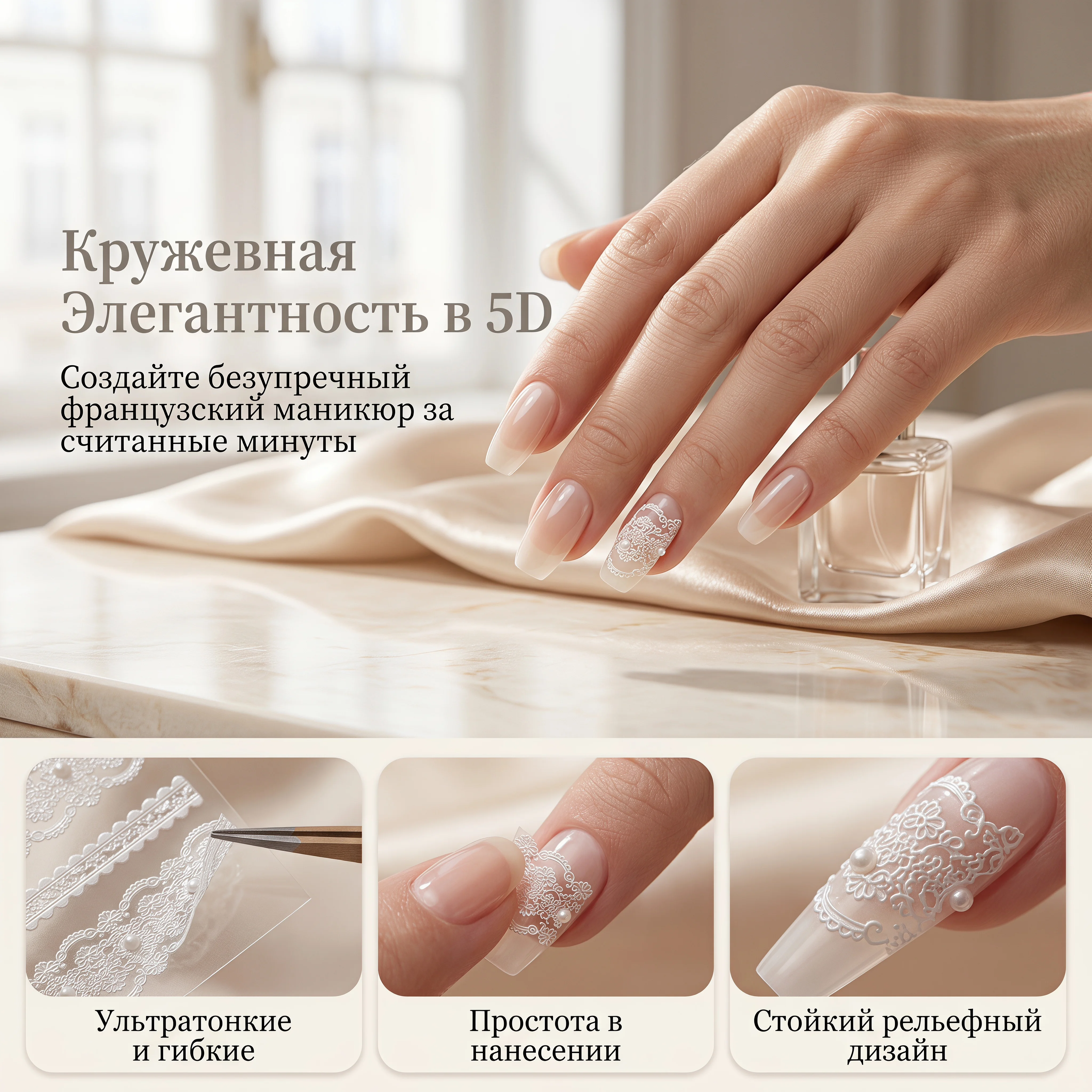 White lace nail stickers, embossed transfer decals with shells and pearls, delicate French-style manicure designs