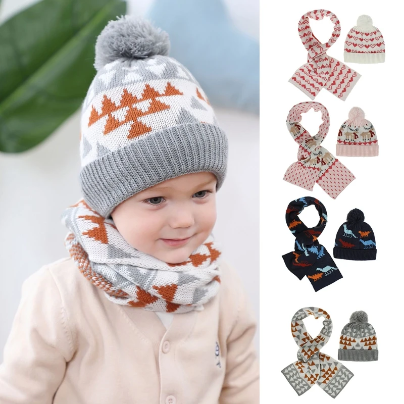 Winter Warm Hat Scarf 2Pcs Knitted with Soft Beanie for Boys