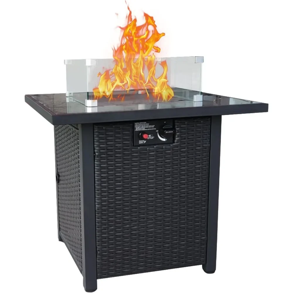 

28 Inch Fire Pit Table with Glass Wind Guard, CSA Certification, 50,000 BTU, Auto-Ignition, Outdoor Wicker Rattan Fire Pit