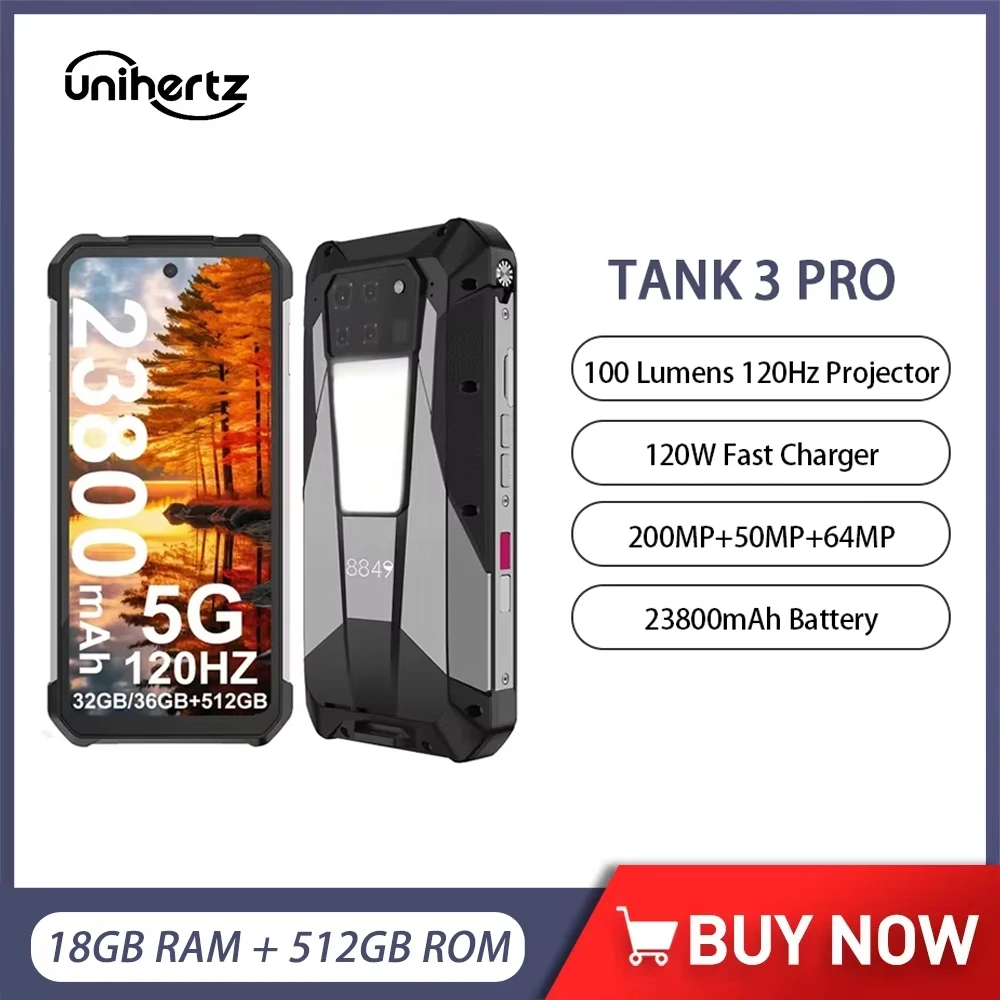 

Unihertz Tank 3 Pro 5G Projector Smartphone Android 32/36GB 512GB Dimensity 8200 Rugged Phone 23800mAh 120W 200MP Cell Phones